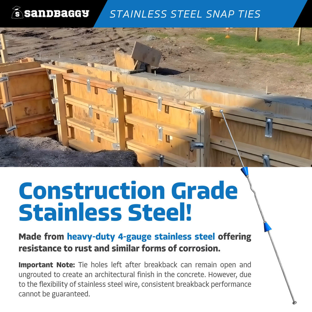 8" x 8 ¼" Stainless Steel Snap Ties For Concrete Forms (Long End) - 1" Plastic Cones