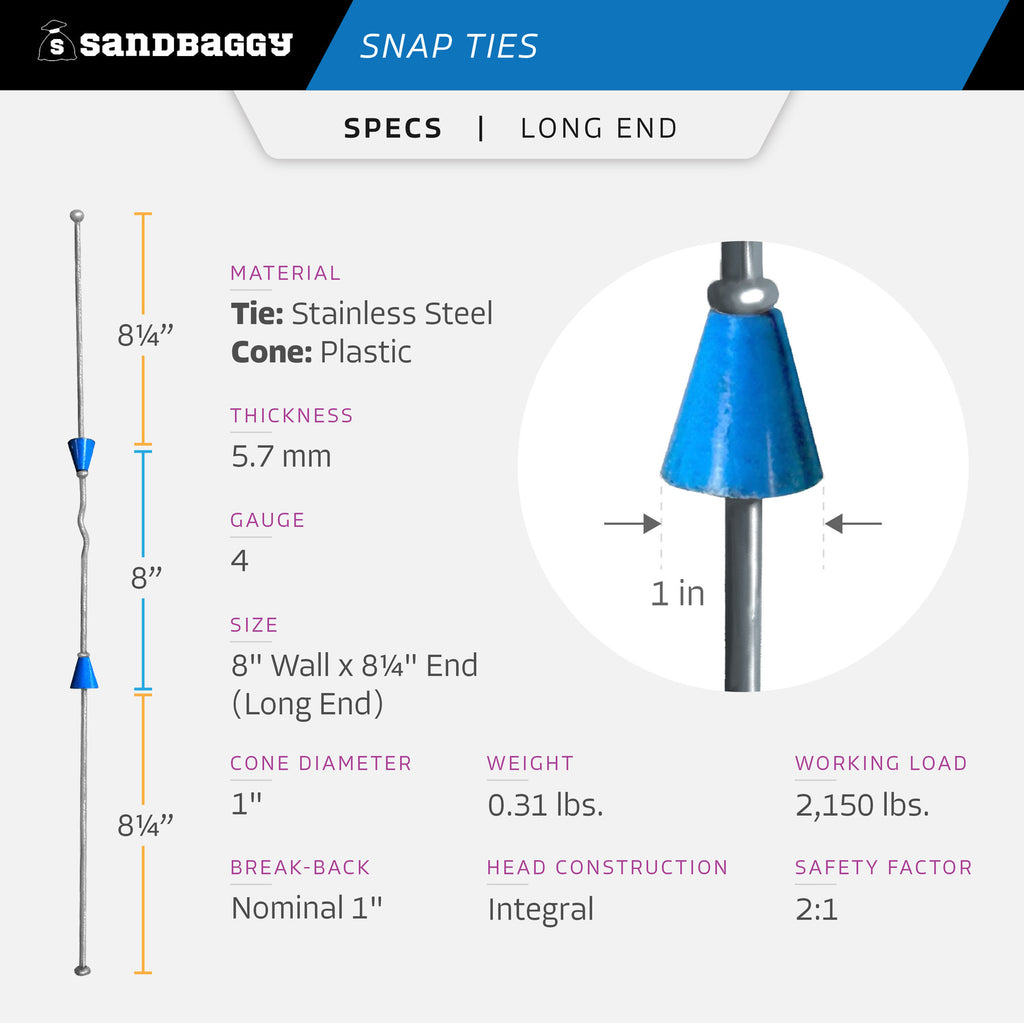 8" x 8 ¼" Stainless Steel Snap Ties For Concrete Forms (Long End) - 1" Plastic Cones