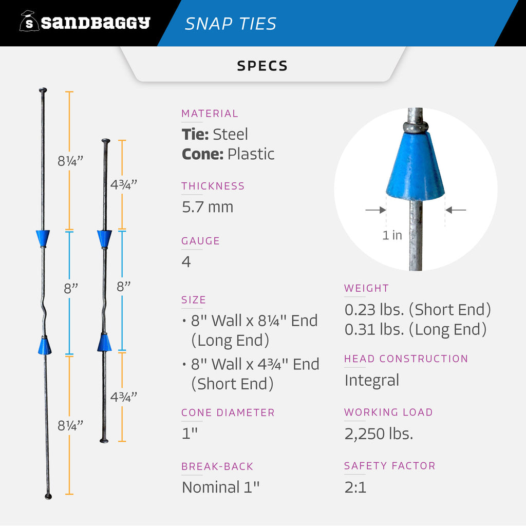 8" Standard Snap Ties For Concrete Forms - 1" Plastic Cones - Short & Long End