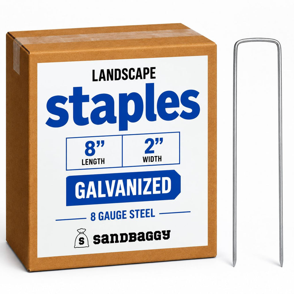 Sandbaggy 8-inch long, 2-inch wide heavy-duty landscape staples made from 8-gauge galvanized steel.