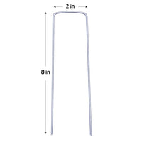 Sandbaggy 8-inch long, 2-inch wide heavy-duty landscape staples made from 8-gauge galvanized steel.