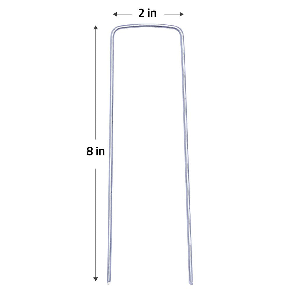 Sandbaggy 8-inch long, 2-inch wide heavy-duty landscape staples made from 8-gauge galvanized steel.