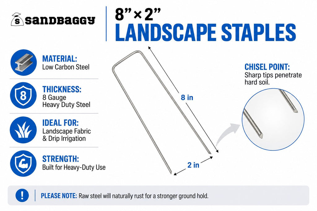 Extra-wide landscape staple measuring 8 inches long and 2 inches wide with a square top.
