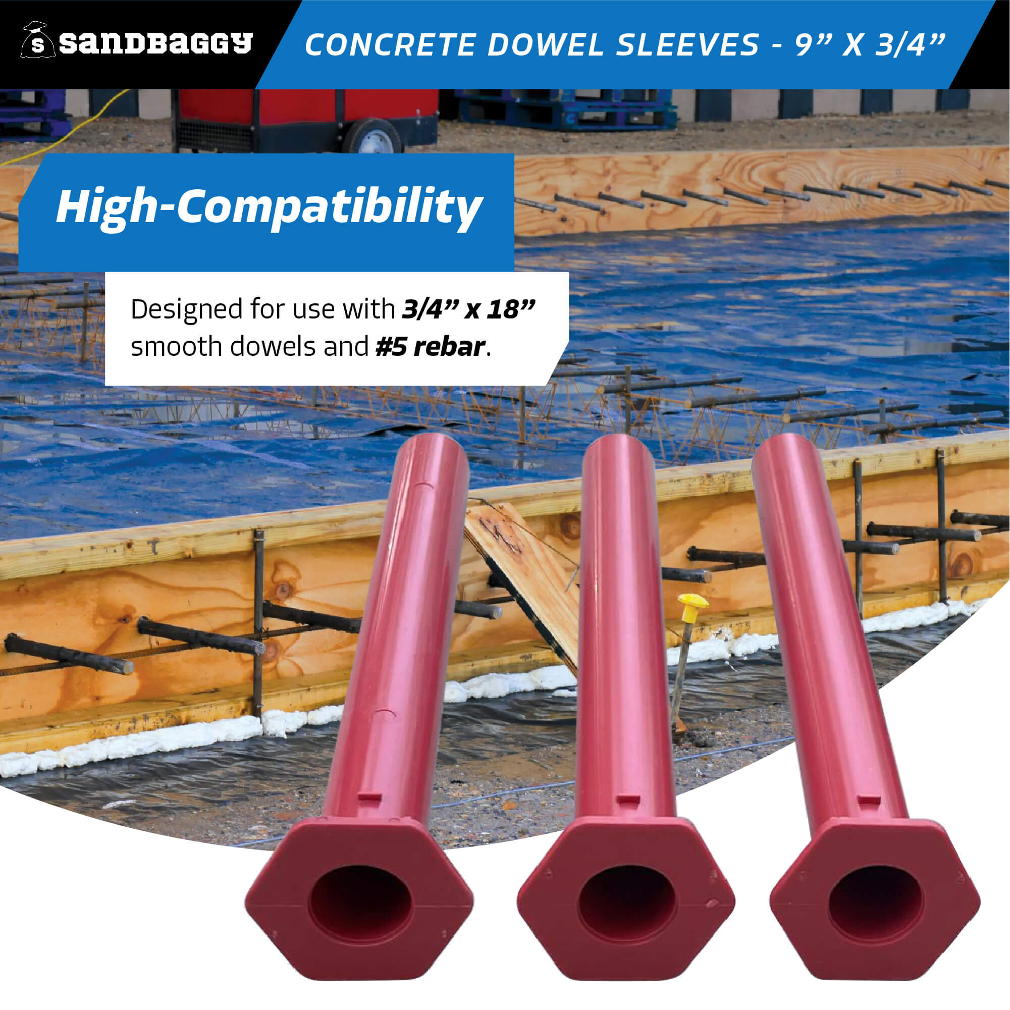 Concrete Dowel Sleeves - 9” x ¾” | #5 Rebar Dowel Sleeves – Sandbaggy