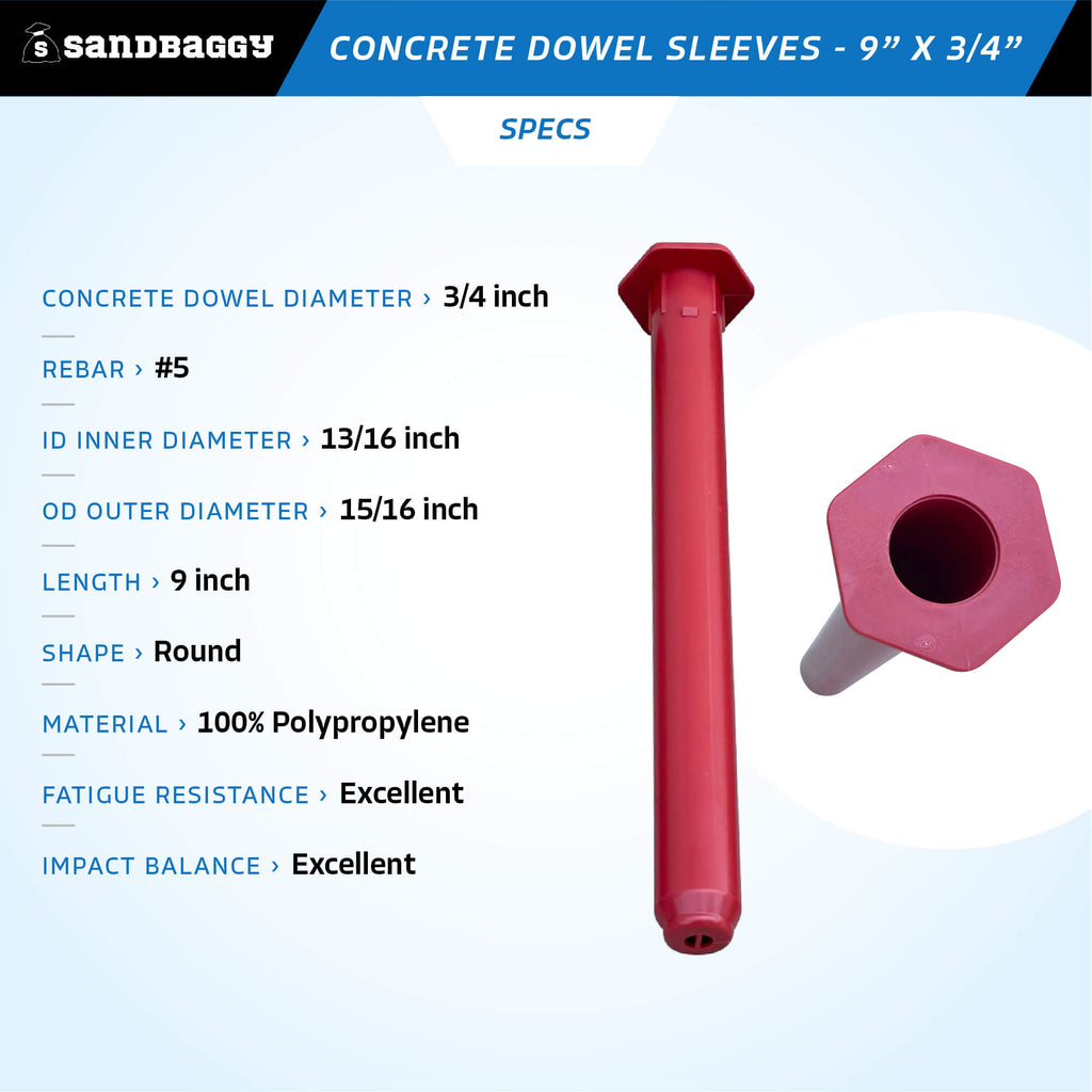 Concrete Dowel Sleeves - 9” x ¾” | #5 Rebar Dowel Sleeves – Sandbaggy