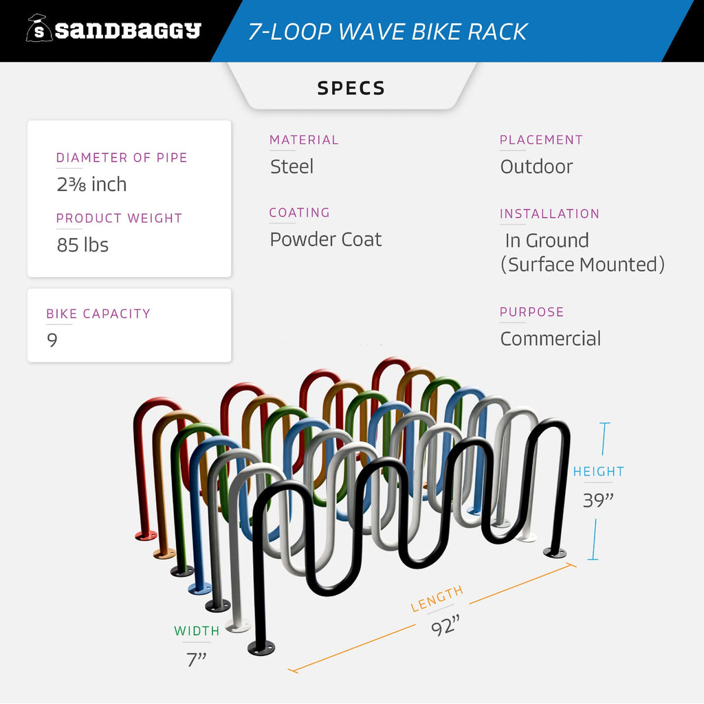 Commercial 7-Loop Wave Bike Rack - 9 Bike Capacity