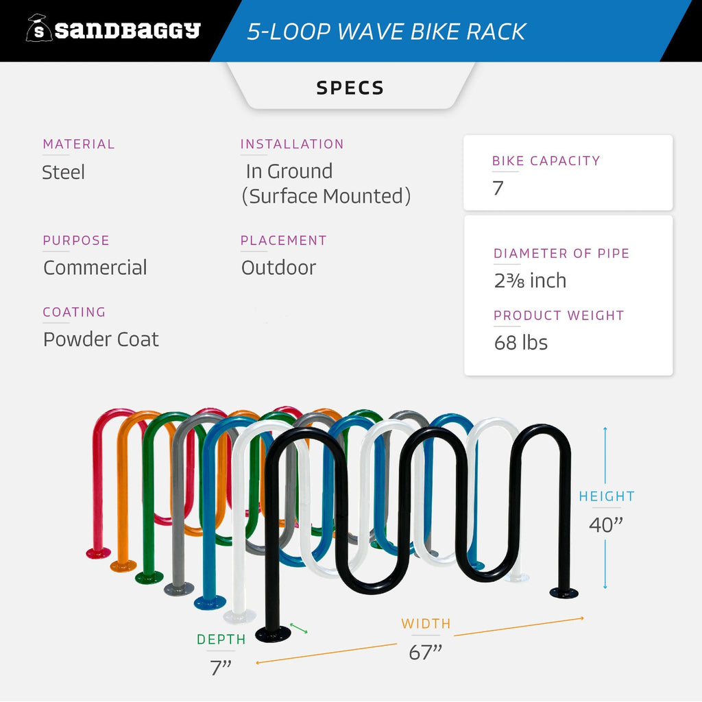 Commercial 5-Loop Wave Bike Rack - 7 Bike Capacity
