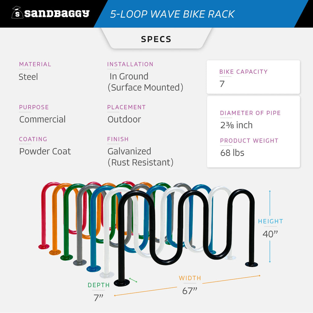 Commercial 5-Loop Wave Bike Rack - 7 Bike Capacity