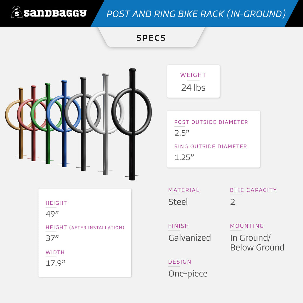 Commercial Post and Ring Bike Rack - In Ground (2 Bike Capacity)