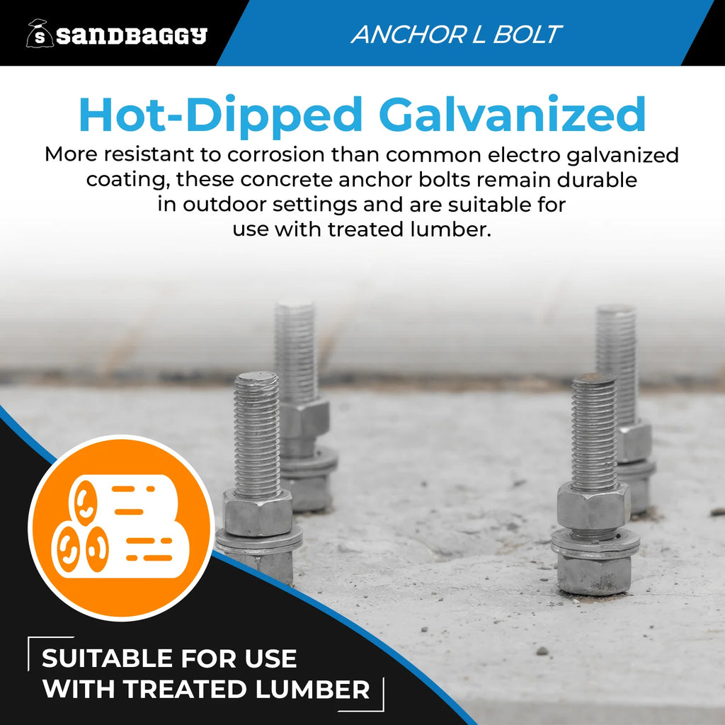 1/2" x 8" Threaded Concrete Anchor L-Bolts (Nuts & Washers Included) - Galvanized