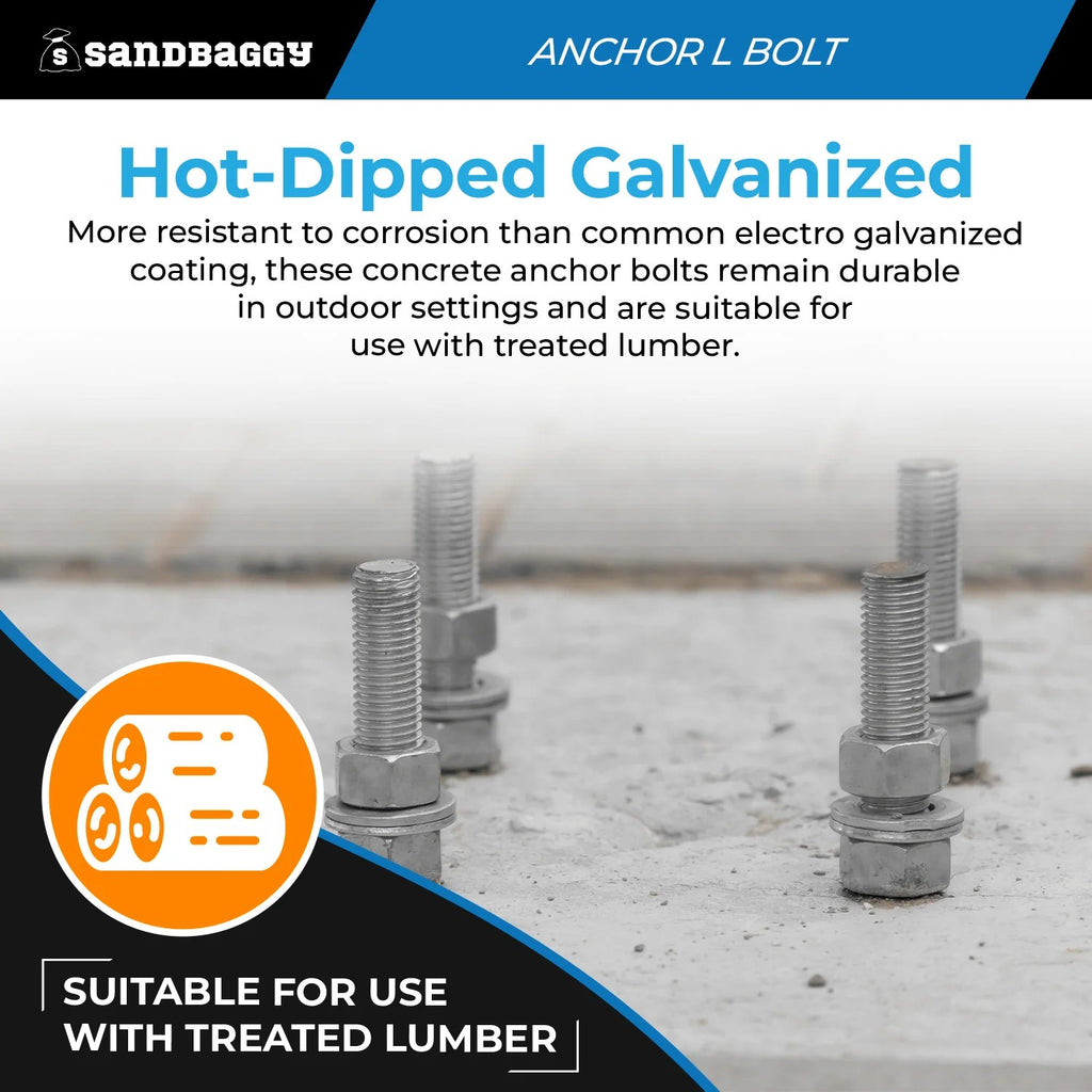 5/8" x 8" Threaded Concrete Anchor L-Bolts (Nuts & Washers Included) - Galvanized