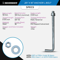 Anchor L Bolts 3/4" x 16" 