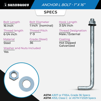 1" x 16" Galvanized Anchor L-Bolt with Nut & Washer