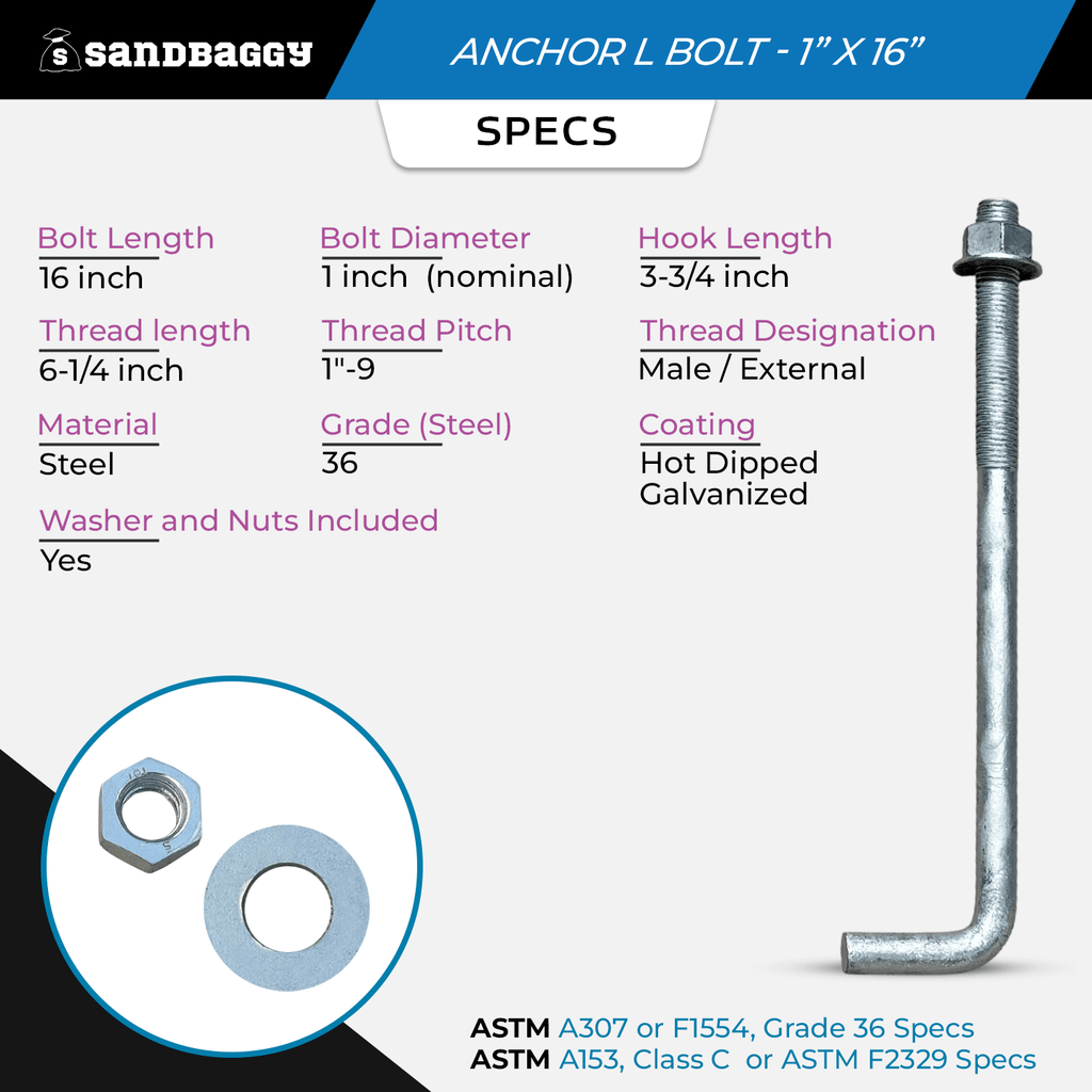1" x 16" Galvanized Anchor L-Bolt with Nut & Washer