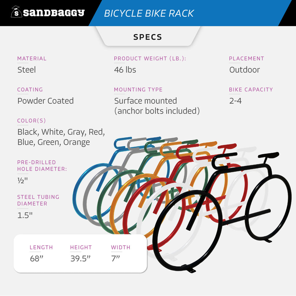 Bicycle Bike Rack – Surface Mounted w/ Anchor Bolts - 2-4 Bike Capacity