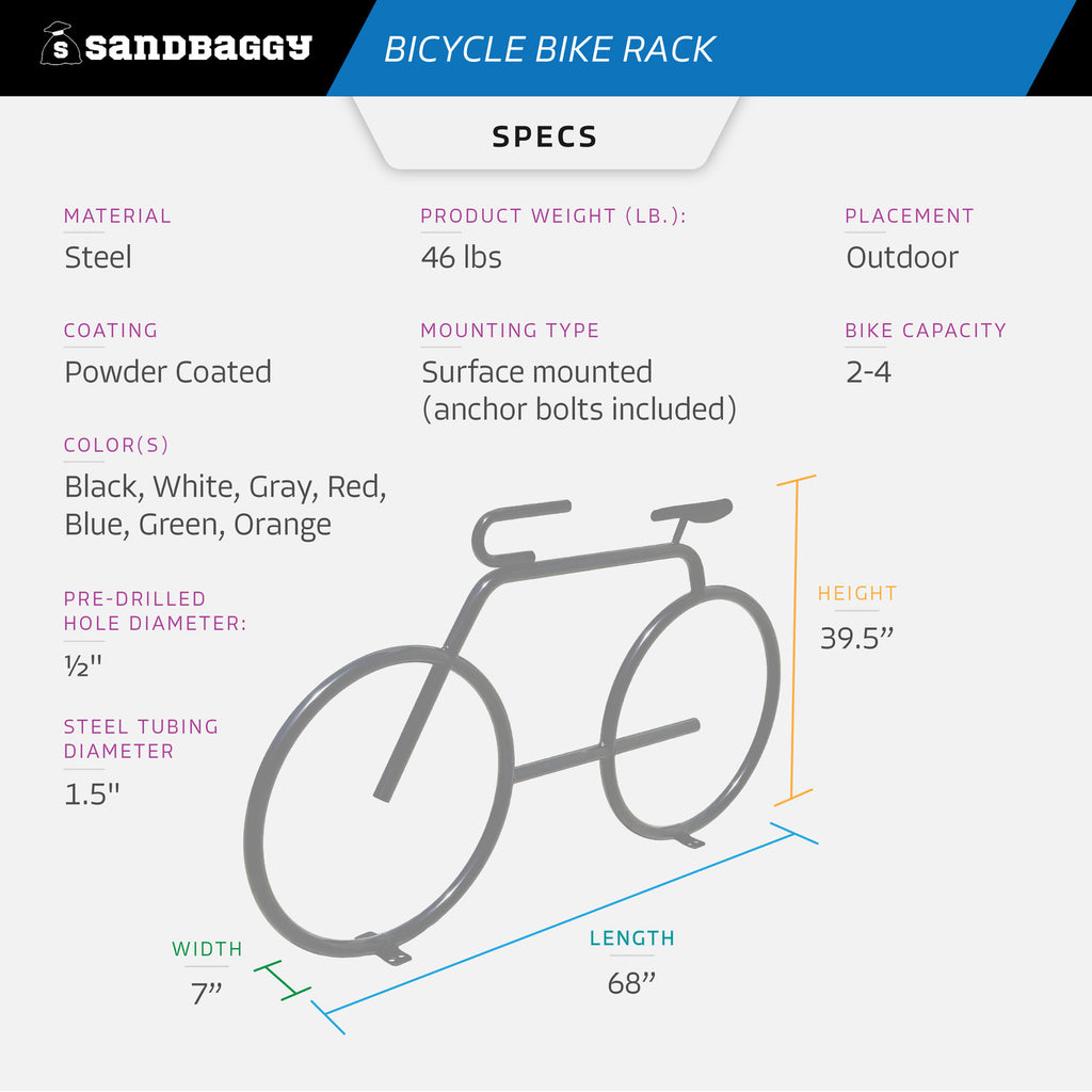 Gray Bicycle Bike Rack – Surface Mounted w/ Anchor Bolts - 2-4 Bike Capacity
