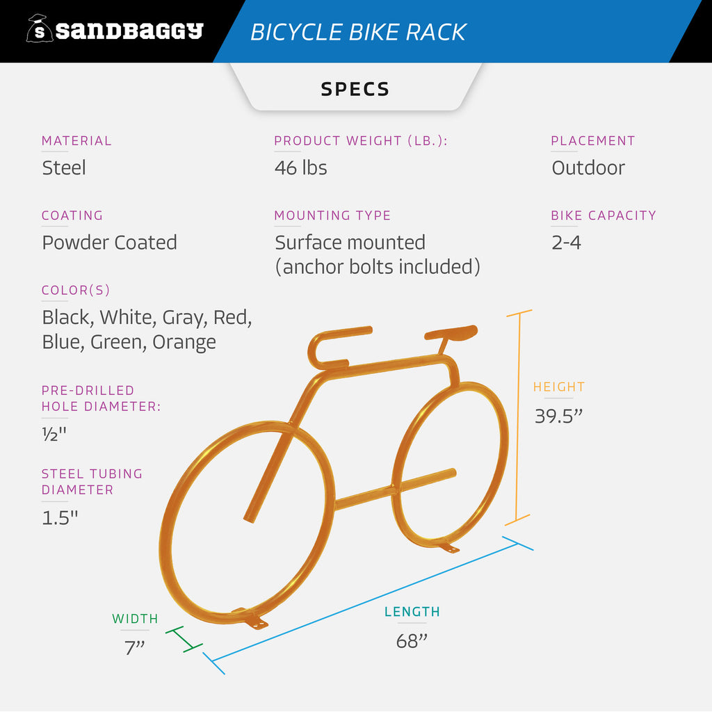 Orange Bicycle Bike Rack – Surface Mounted w/ Anchor Bolts - 2-4 Bike Capacity