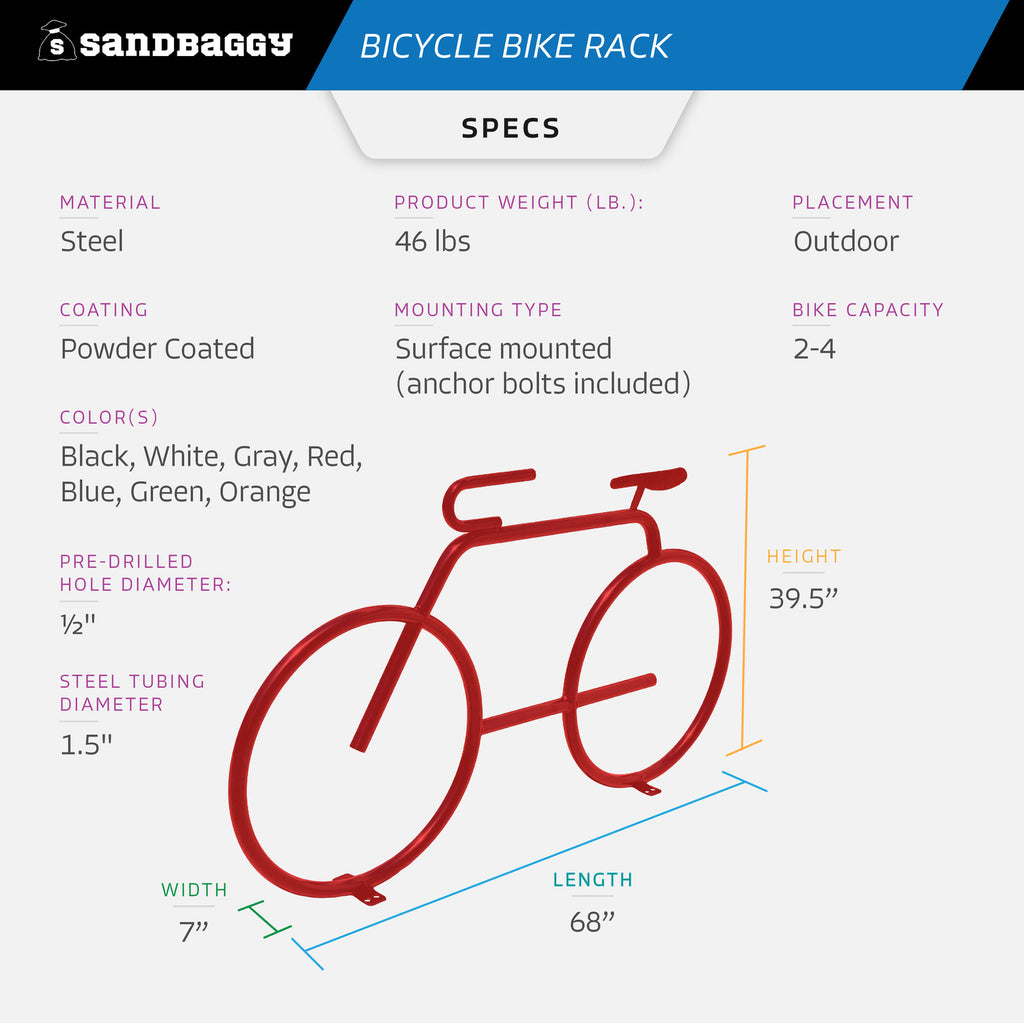 Red Bicycle Bike Rack – Surface Mounted w/ Anchor Bolts - 2-4 Bike Capacity
