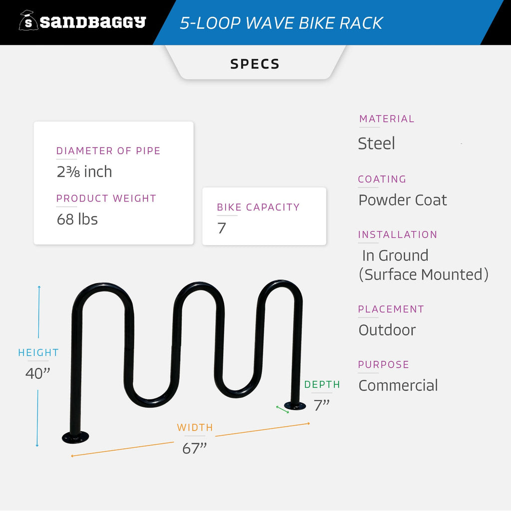 Commercial 5-Loop Wave Bike Rack - 7 Bike Capacity