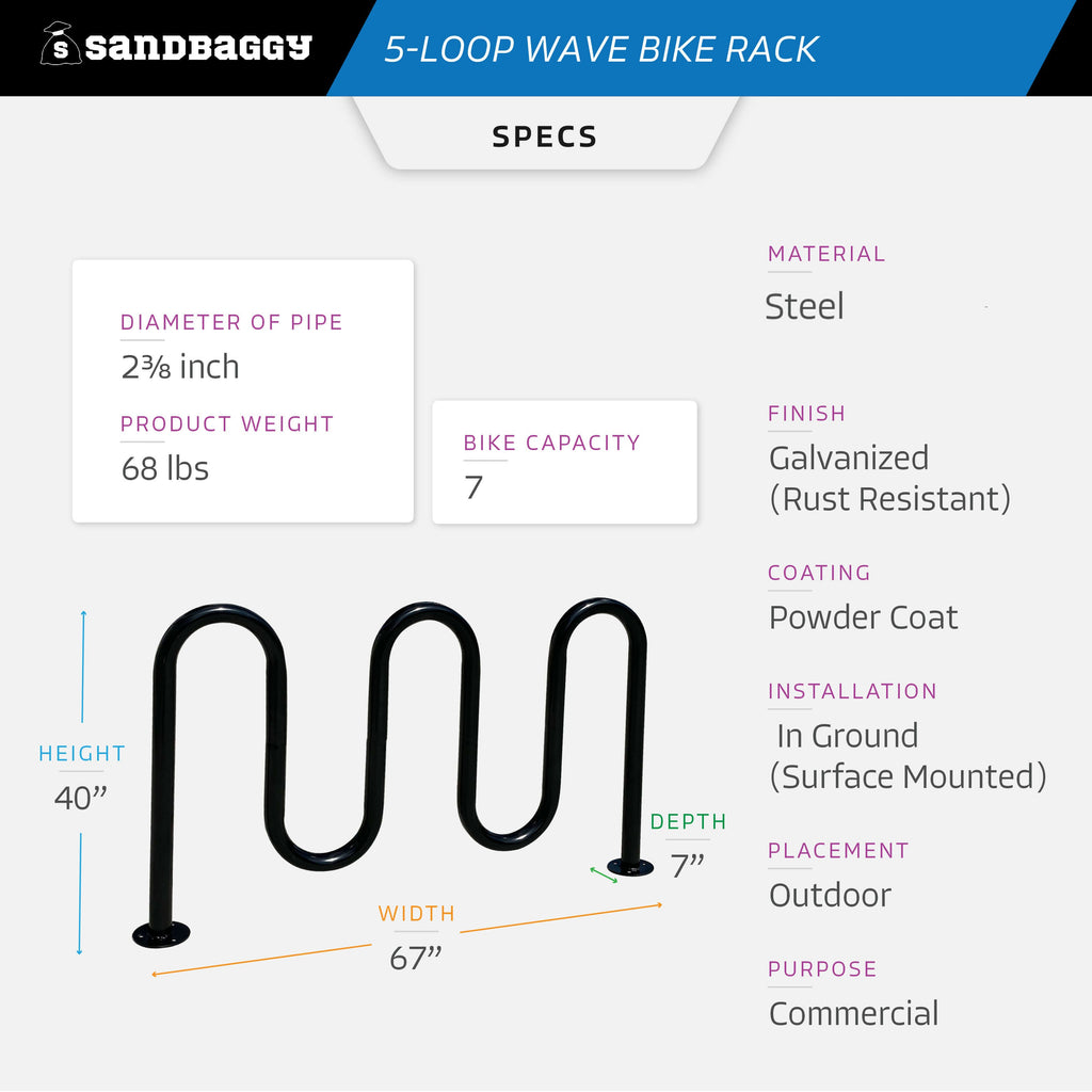 Commercial 5-Loop Wave Bike Rack - 7 Bike Capacity