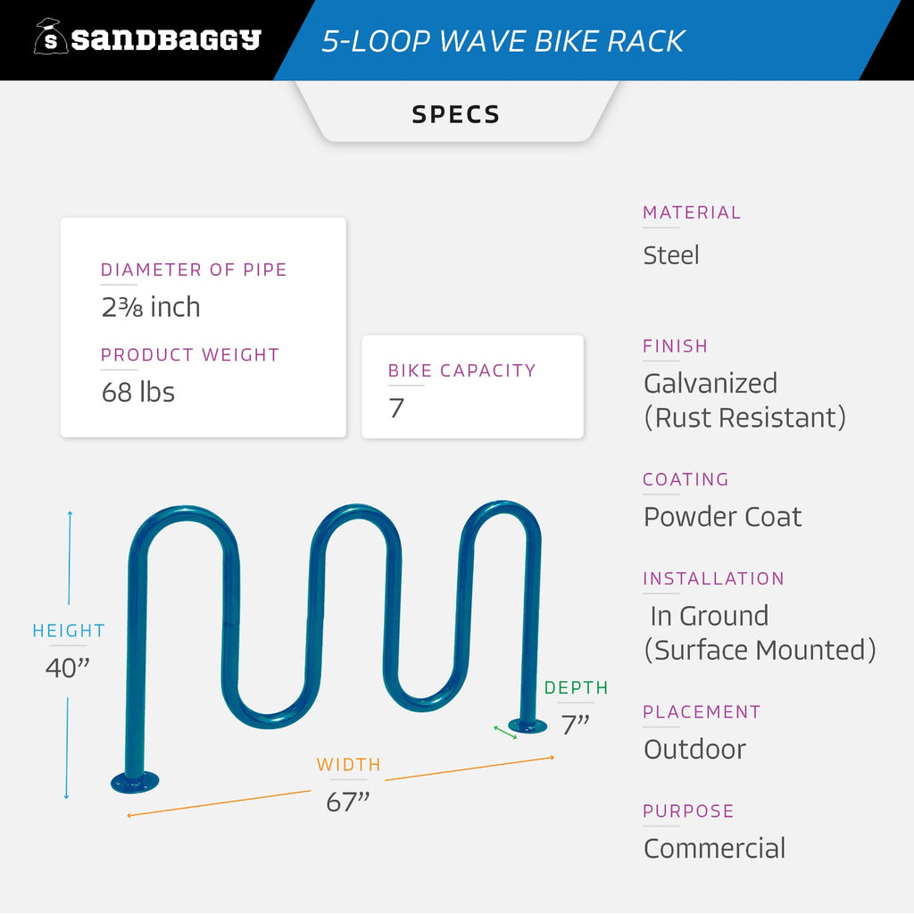 Commercial 5-Loop Wave Bike Rack - 7 Bike Capacity