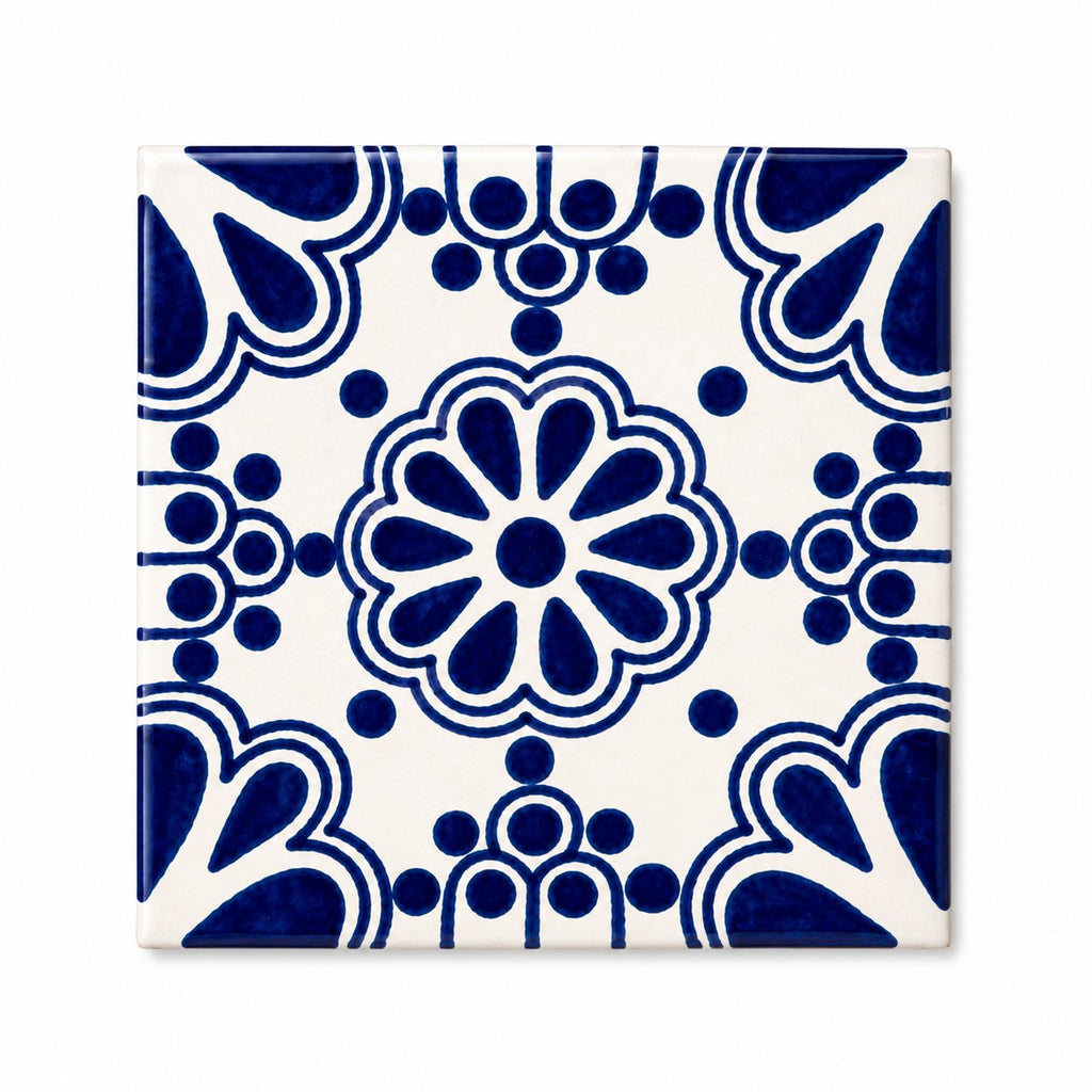 Cobalt Rosette Medallion Talavera Tile 4.25” x 4.25” | Handmade Puebla Mexican Tile