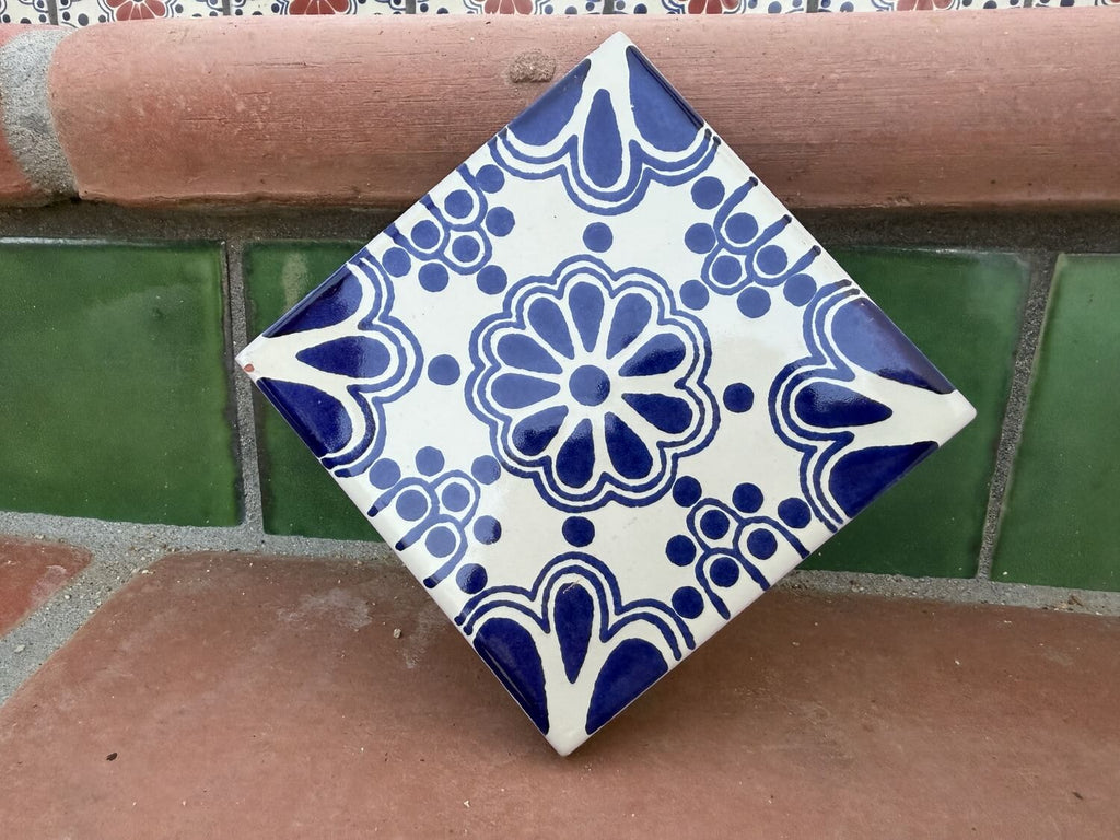 Cobalt Rosette Medallion Talavera Tile 4.25” x 4.25” | Handmade Puebla Mexican Tile