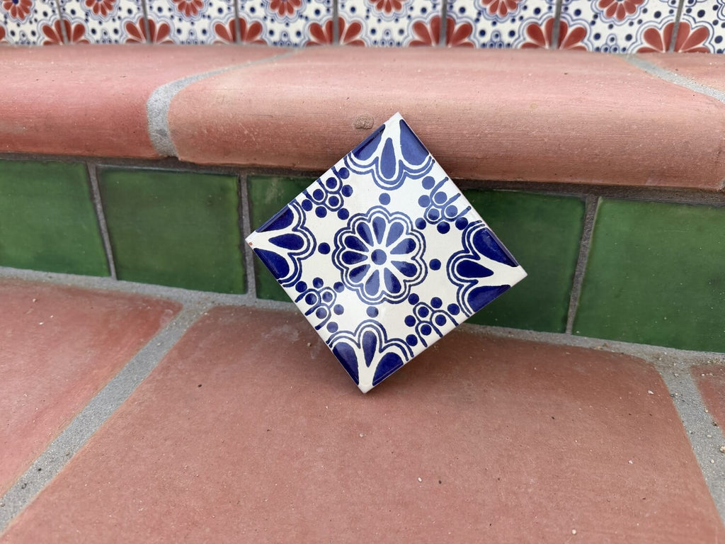 Cobalt Rosette Medallion Talavera Tile 4.25” x 4.25” | Handmade Puebla Mexican Tile