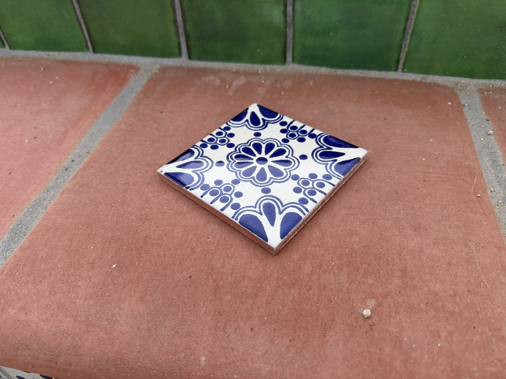 Cobalt Rosette Medallion Talavera Tile 4.25” x 4.25” | Handmade Puebla Mexican Tile