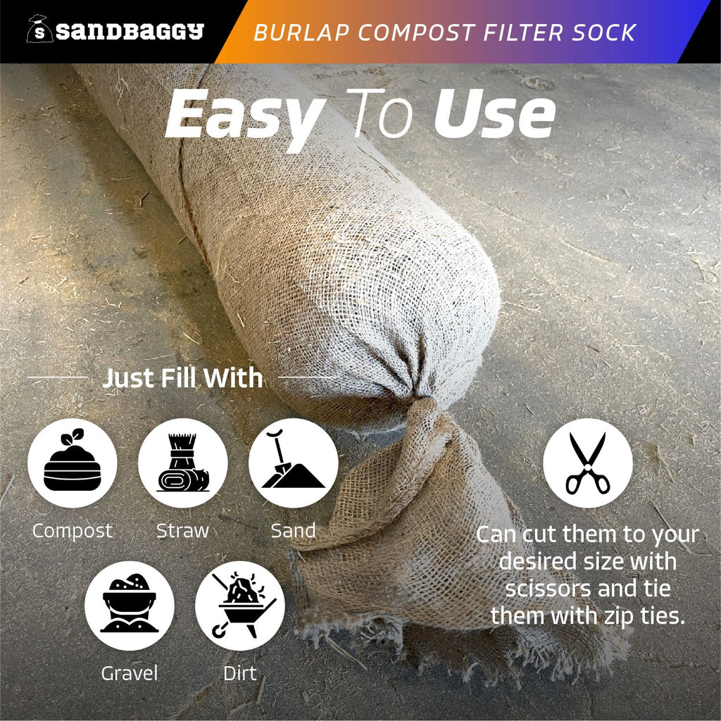 burlap filter sock for erosion control filled with compost, sand, or gravel