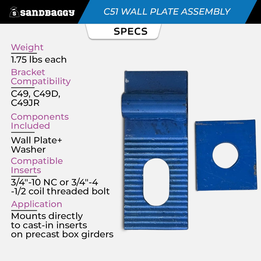 C51 Wall Plate Assembly for C49 Bridge Overhang Brackets – Mounts to 3/4" Concrete Inserts