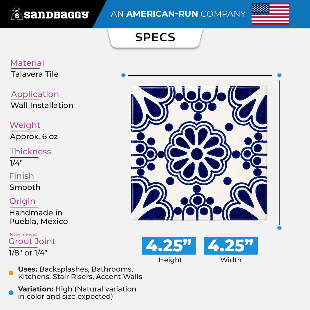 Blue and White Cobalt Rosette Talavera Tile