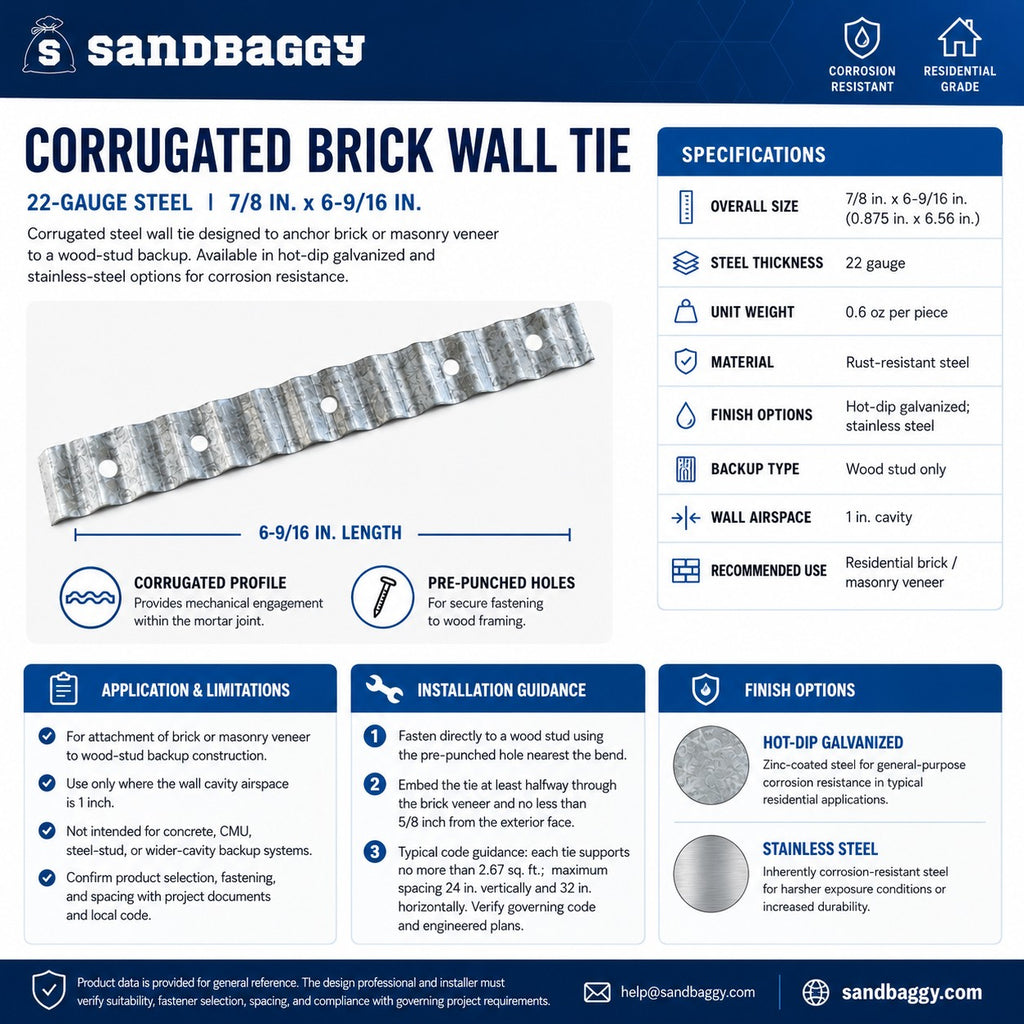 Corrugated Brick Wall Tie - 22 Gauge Steel - Size: 7/8" x 6-9/16"