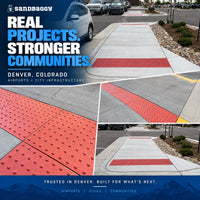 Sandbaggy red ADA detectable warning tiles installed at Denver International Airport and City of Denver sidewalks