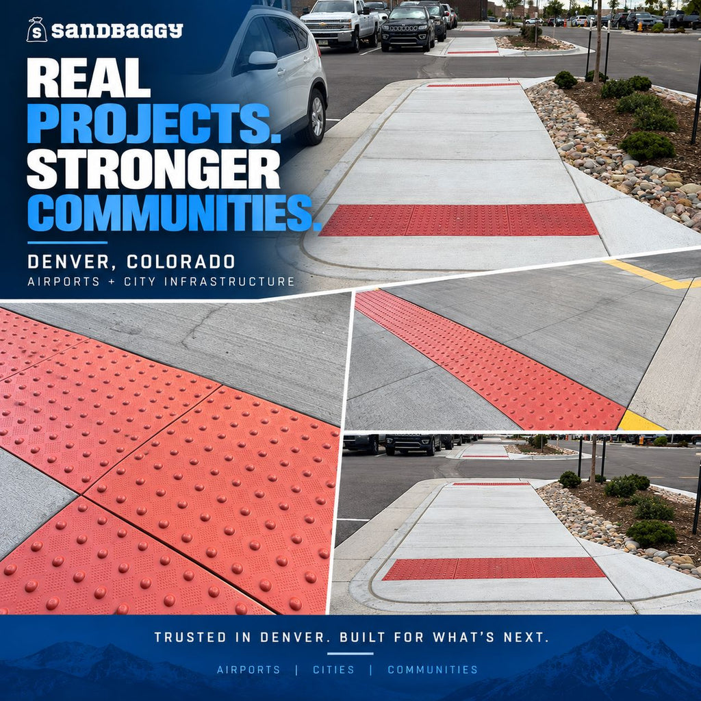 Sandbaggy red ADA detectable warning tiles installed at Denver International Airport and City of Denver sidewalks