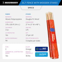 3 ft x 100 ft DOT Orange Silt Fence with Wood Stakes (4 ft) - Sediment and Erosion Control - Made in USA