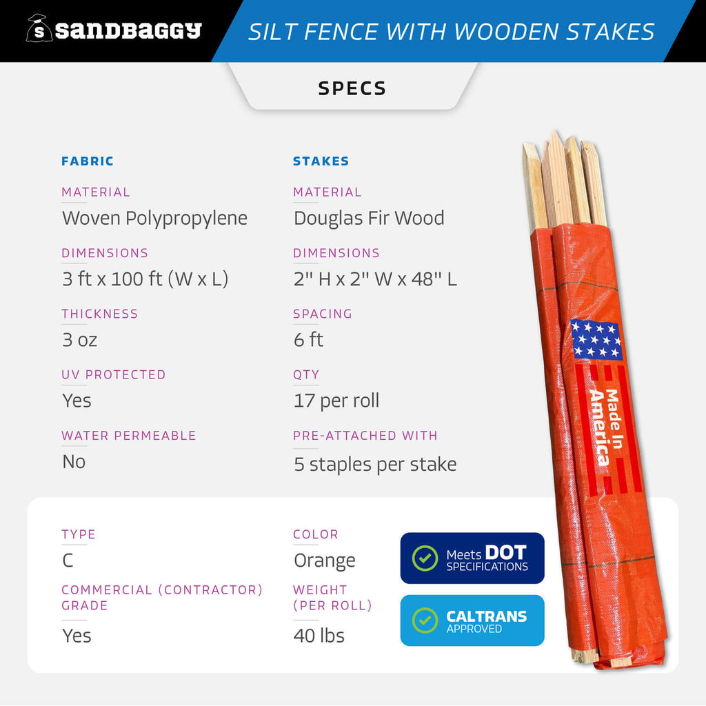 3 ft x 100 ft DOT Orange Silt Fence with Wood Stakes (4 ft) - Sediment and Erosion Control - Made in USA