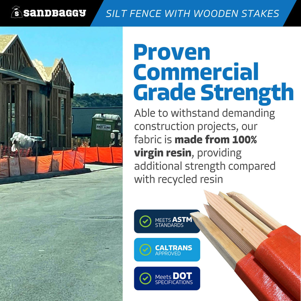 3 ft x 100 ft DOT Orange Silt Fence with Wood Stakes (4 ft) - Sediment and Erosion Control - Made in USA