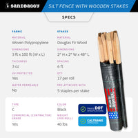 3 ft x 100 ft DOT Black Silt Fence with Wood Stakes (4 ft) - Sediment and Erosion Control - Made in USA