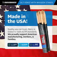 3 ft x 100 ft DOT Black Silt Fence with Wood Stakes (4 ft) - Sediment and Erosion Control - Made in USA