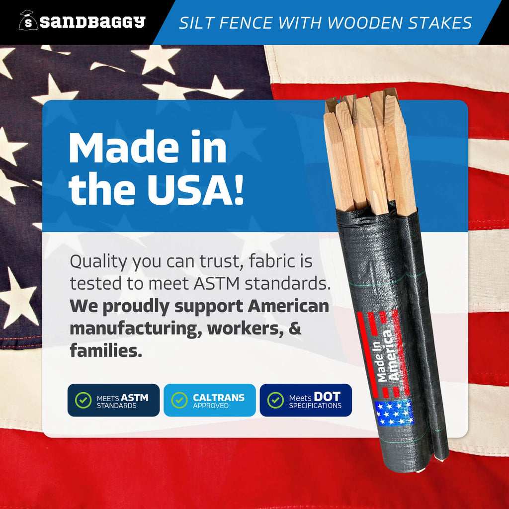 3 ft x 100 ft DOT Black Silt Fence with Wood Stakes (4 ft) - Sediment and Erosion Control - Made in USA