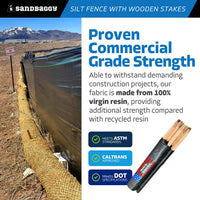 3 ft x 100 ft DOT Black Silt Fence with Wood Stakes (4 ft) - Sediment and Erosion Control - Made in USA