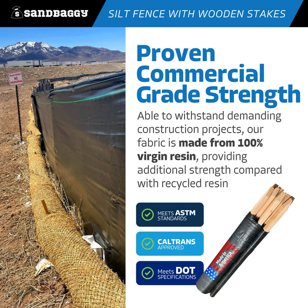 3 ft x 100 ft DOT Black Silt Fence with Wood Stakes (4 ft) - Sediment and Erosion Control - Made in USA