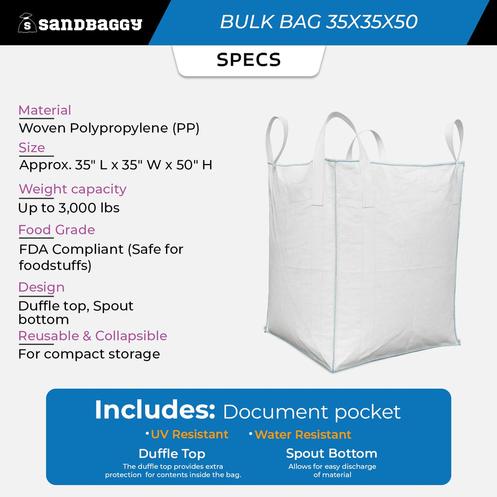 FIBC Bulk Bag – Duffle Top, Spout Bottom – 3000 lb Cap., Food Grade – 35" x 35" x 50" (45 cu ft)