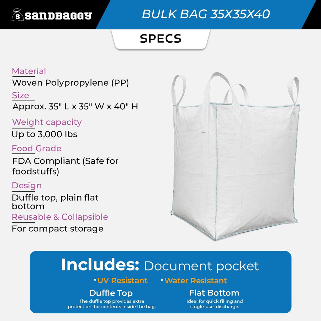 FIBC Bulk Bag – Duffle Top – 3,000 lb Cap., Food Grade – 35" x 35" x 40" (35 cu ft)