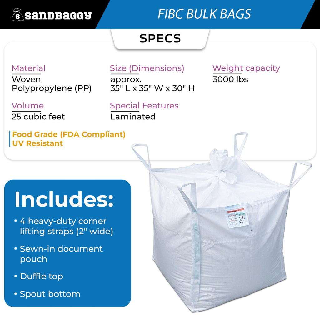 FIBC Bulk Bag – Duffle Top, Spout Bottom – 3000 lb Cap., Food Grade - 35" x 35" x 30" (25 Cu Ft )