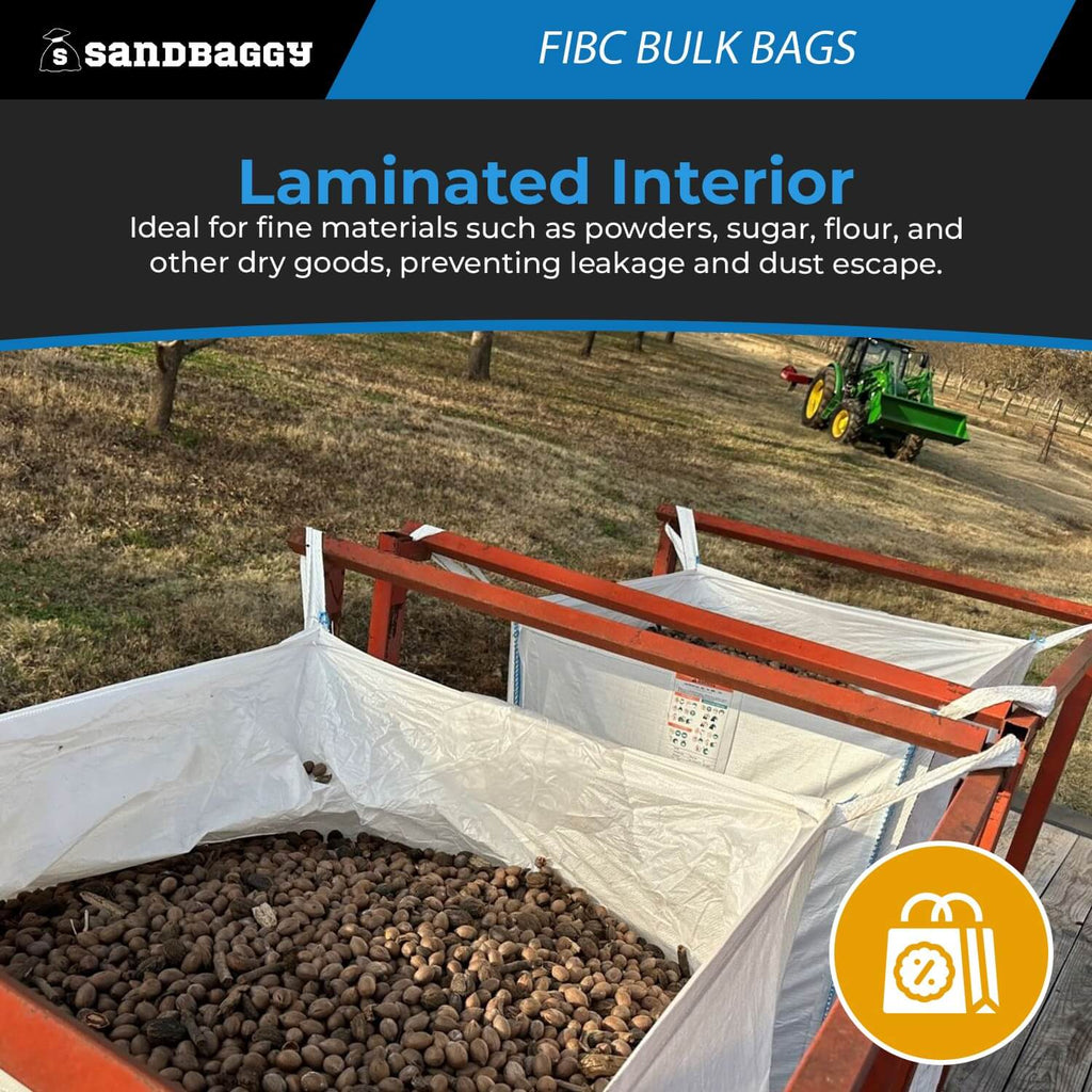 FIBC Bulk Bag – Duffle Top, Spout Bottom – 3000 lb Cap., Food Grade - 35" x 35" x 30" (25 Cu Ft )