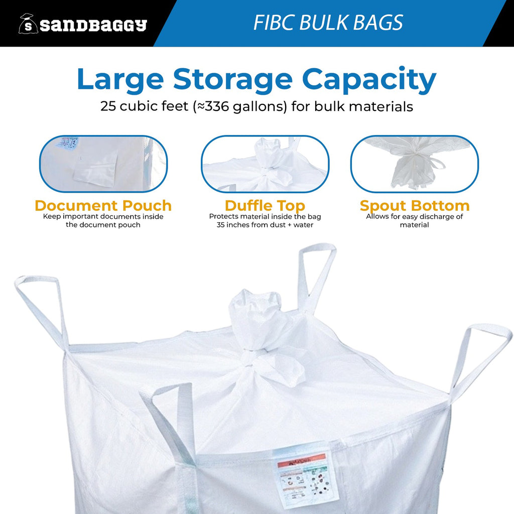 FIBC Bulk Bag – Duffle Top, Spout Bottom – 3000 lb Cap., Food Grade - 35" x 35" x 30" (25 Cu Ft )