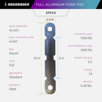 6 Inch Full Aluminum Form Ties - Round End (6" Concrete Walls)