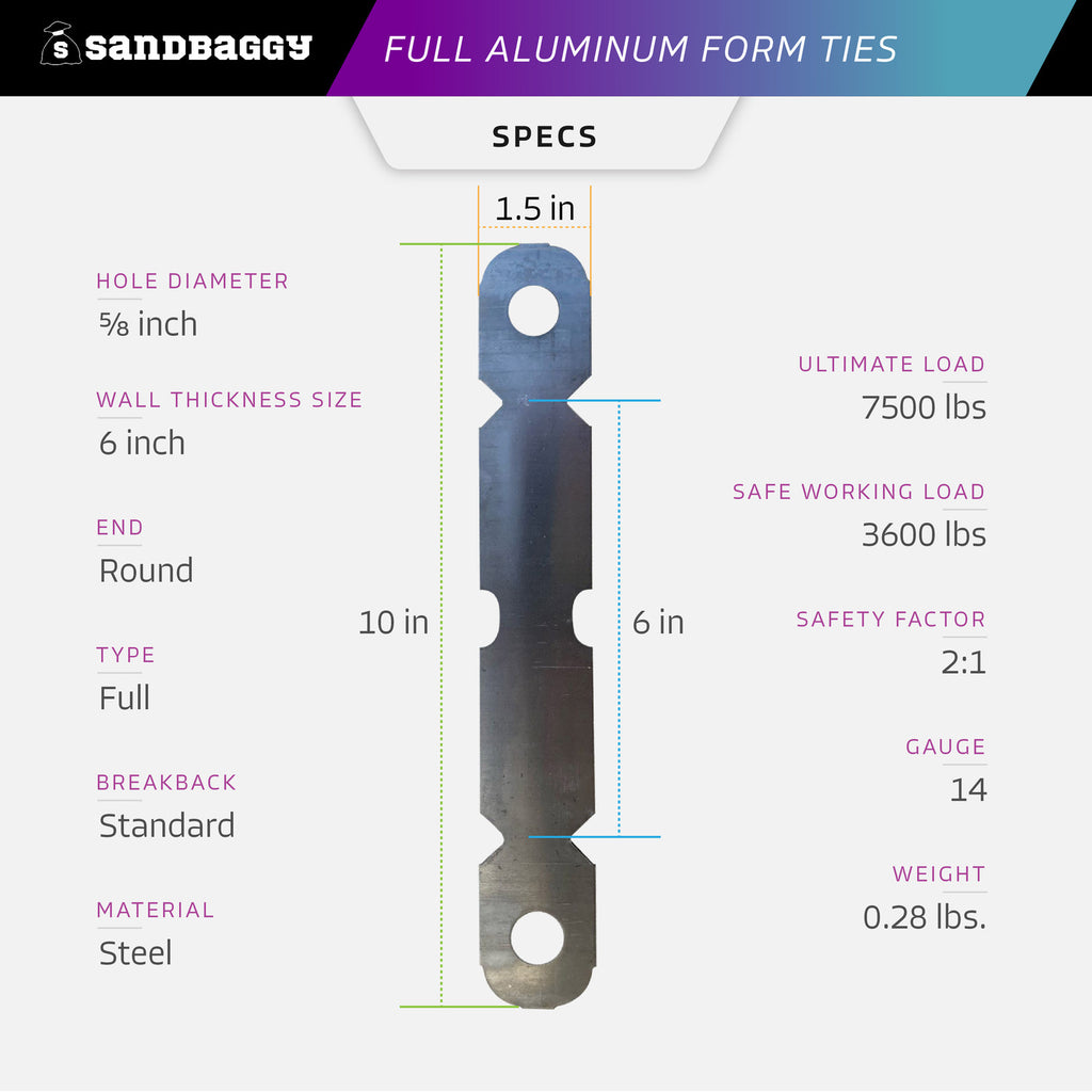 6 Inch Full Aluminum Form Ties - Round End (6" Concrete Walls)